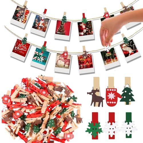 Noël Pinces à Linge en Bois,60 Pièces Clips photo en bois de noël,mini clips pour photos de Noël,Pinces en bois pour décoration de Noël