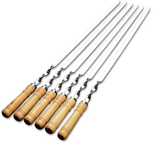 RajoNN 12 stücke BBQ Spieß Edelstahl Schaschlik BBQ Gabel Set Lange Flache Holzgriff Grill Nadel Fleisch Grill Outdoor-Tool