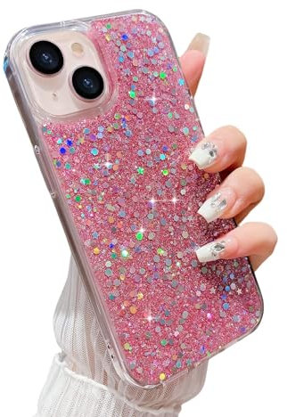 LCHULLE Designed for iPhone 15 Case Women Girls Glitter Bling Shockproof Bumper Cover Cute Sparkly Shiny Slim Fit Protective Phone Case for iPhone 15 6.1 inch,Pink