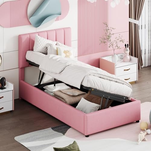 Moimhear Letto singolo imbottito 90 x 200 cm, letto idraulico in lino, delicato sulla pelle (rosa, 90 x 200 cm)