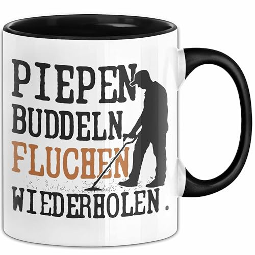 Metalldetektor Tasse Geschenk Metalldetekotren Geschenkidee Pipen Buddeln Fluchen Wiederholen Kaffee-Becher (Schwarz)
