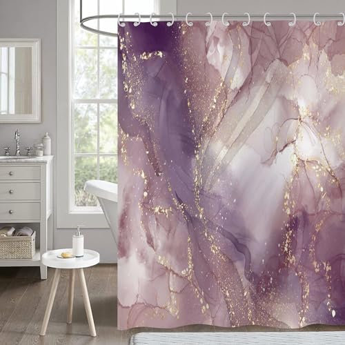 Hnmdmyi Rideau de Douche Marbre 180x200 - Abstrait Rose Violet Or Scintillant, Moderne Luxe Ombre Cristal Texture Art, Imperméable Polyester Tissu Lavable pour Baignoire avec Crochets