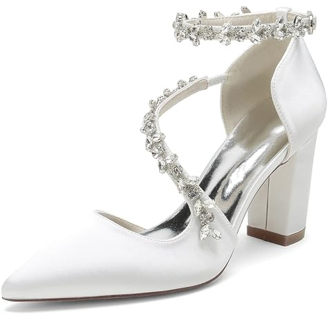 FGRID Scarpe da Sposa Donna con Tacco Alto a Blocchi per la Sposa, Punta Chiusa in Raso Strass Cinturino alla Caviglia décolleté per Feste da Sera Sandali Damigella d'Onore