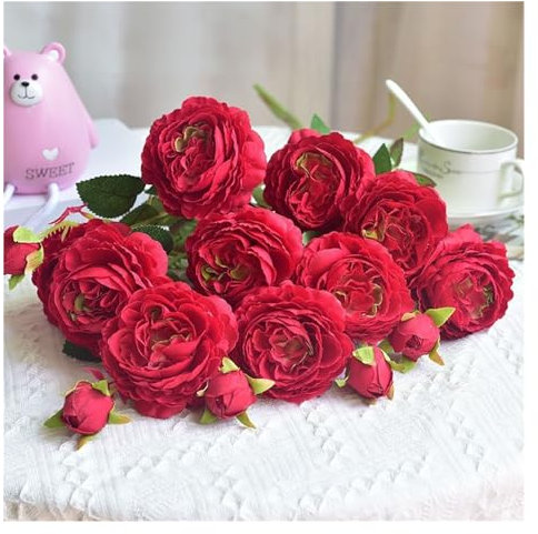 Künstliche Ranunkeln, künstliche Pfingstrosen, Ranunkel, Seidenblumen, rosa Blumen, Kombi, Champagner, künstliche Blumenarrangements, Hochzeitsdekorationen für Zuhause, Küche (10 Stück) (Farbe: Rot)