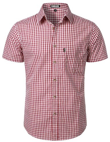 PARKLEES Chemise décontractée à carreaux boutonnée en coton à manches courtes pour homme, coupe régulière avec poche, Vichy rouge, Taille L