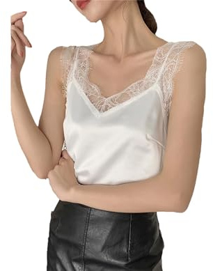 Damen-Satin-Tops für Damen, V-Ausschnitt, ärmellos, Spitze, Tank-Top, weibliches Seiden-Top, weiß