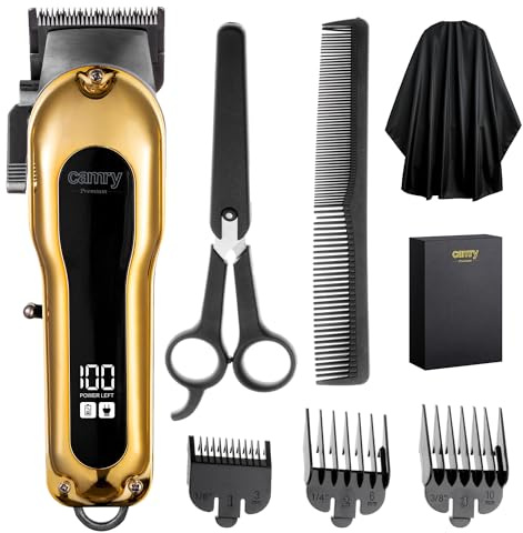 Camry Haarschneidemaschine Profi - Kabelloser Haarschneider mit LED-Display - 4 Aufsätze (3, 6, 10, 13 mm) - Einstellbare Schnitthöhe 0,8-2,0 mm - Edelstahlklinge - USB-Ladung - 200 Min. Laufzeit