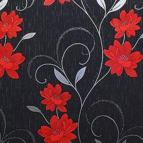 Red Flower Wallpaper Textured Metallic Glitter Effect Vinyl Floral Silver Black Grey Modern