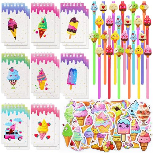 BOIKOKY Party 148-Tlg. Eiscreme Partyzubehör-Set - 24 Eiscreme-Notizbücher, 24 Dekorative Stifte, 100 Aufkleber für Kinder Eiscreme-Geburtstagsparty Klassenpreise
