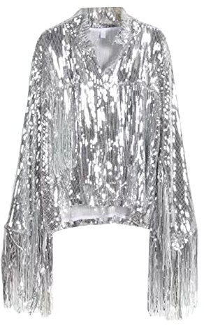 Himllauen Lässige Damenjacke mit Pailletten, langärmelig, einfarbig, offener Blazer mit Quasten, sexy Clubwear für Party, Ausgehen, Clubs für Sommer, Herbst, silber, 36