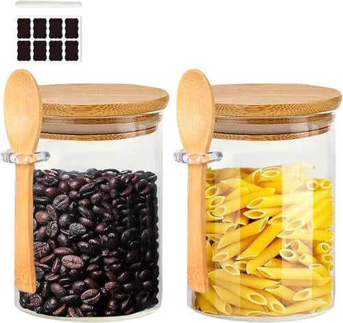 2 Pack Glass Jars with Airtight Bamboo Lid and Spoon, 500ml Overnight Oats Jars, Kitchen Spice Jars Storage Containers, Kitchen Food Storage Canister for Spice, Salt, Sugar, Seeds, Coffee, Nuts etc