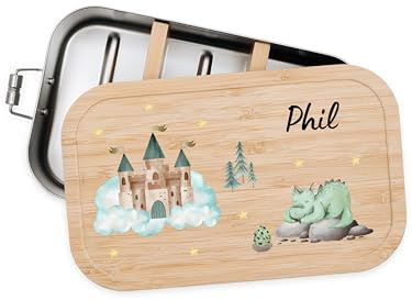 Bärenfreunde® - Personalisierte Brotdose für Kinder mit Spezial-Druck - Robuste Edelstahl Brotdose - Personalisierte Geschenke für Kinder & Erwachsene (Drache Schloss,GROSS Edelstahl)