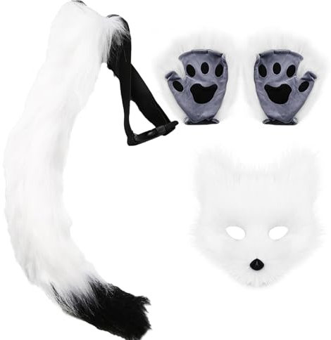 MISNODE Katzen-Therian-Maske und Schwanz-Set, Tiermaske, Pelzige Therian-Maske, Wolfsmaske, Weiße Katzenmaske, Halbmaske für Maskerade, Katzenmaske, Therian-Wolf, (B)