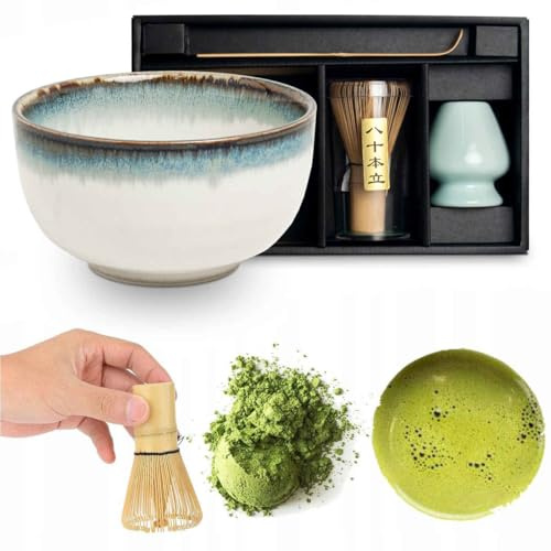 Matcha Set 4 tlg. Original japanische Schale mit Besen & Löffel Edo Japan Geschenkverpackung mit Matcha Besen Chasen , Matchabesen ,Matchabesen Halter ,Matcha Bambuslöffel Chashaku (White Aurora)