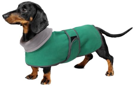 Geyecete -Gemütlich Polarfleece Winter hundemantel fur Dackel,Miniatur Dackel Fleece hundepullover,Hoher Kragen warmes Hundeveste mit Geschirr öffnung,Einstellbar kleine Hundejacke-Grün-M