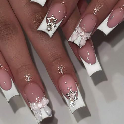 DMQ French False Nails, 24Pcs White TipFrench Press on Nails Medium, Square Fake Nails with Crystal and Bow, Full Cover Stick on Nail, French Nail Tips for Women Girls Valentines Days Nail Art