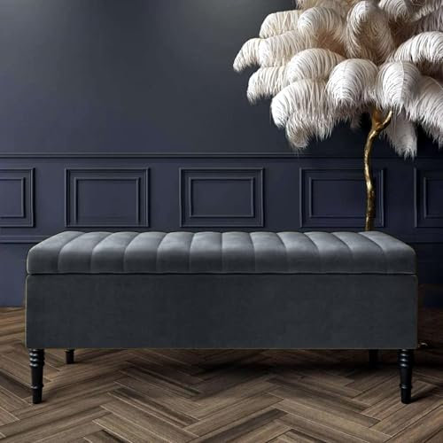 Safar Striped Ottoman Storage Bench, End of Bed Bench with Legs, Entryway Bench with Storage, Shoe Storage Ottoman Box, Rectangle Storage Footstool (Steel Velvet, 4ft (120x40x50)CM)