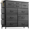 Buluri Kommode mit 10 Stoffschubladen, Komodenschrank mit Seitentaschen und Haken, Holzplatte und Metallrahmen, Stoffkommode für Schlafzimmer, Wohnzimmer, Flur, Kinderzimmer (Schwarze Holzmaserung)