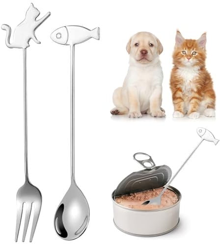 SwirlColor Pet Food Spoon Fork Set, 2 Pcs Cute Stainless Steel Cat Fork and Fish Spoon Creative Dog Cat Feeding Spoon Fork for Wet Food