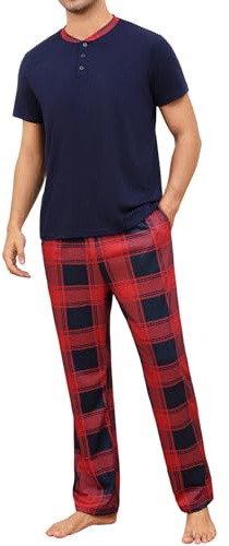 Aseniza Pyjama Homme Coton Ensembles de Pyjama Homme Doux Haut à Manches Courtes Col Rond et Pantalon à Carreaux Long Deux pièces Vêtements de Nuit Confortable Loungewear Rouge M