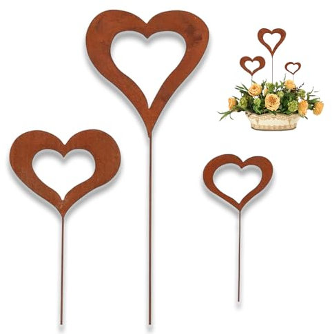 3er Set Herzen Stecker Gartendeko, Steel Styles Edelrost Herz Gartenstecker-einfach einsteckbar,eartenstecker Stahl Rost Edelrost Wetterfest, Metall Stahl Rost für Gartendekoration Frühling Deko