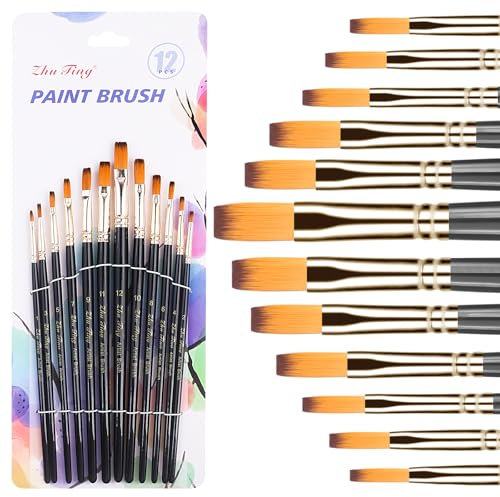 Acryl Pinsel Set 12 Stück für Acrylfarben, Nylon Künstlerpinsel Aquarellpinsel Borstenpinsel Set, Ölfarben Brush Set Malpinsel Synthetik Pinsel für Anfänger Künstler Erwachsene Kinder (Schwarz)