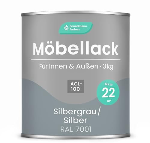 Grundmann Möbellack ACL 100 - Silber 3 Kg - Lösemittelfrei & Geruchsarm - 4in1 Möbelfarbe inkl. Grundierung - Innen und Außen - Für Holz, Metall & Kunststoff - Silbergrau RAL 7001