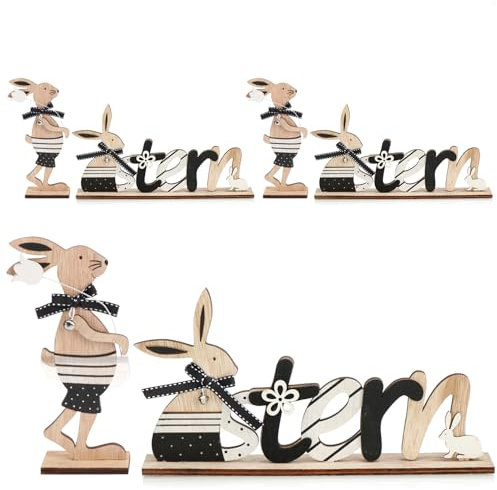 com-four® 3X 2-teiliges Set Oster-Deko aus Holz - Aufsteller mit Schriftzug und Osterhase - Holz-Deko für Ostern zum Hinstellen (6 Stück - Hellbraun)