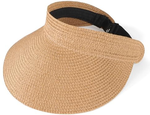 HeyCaps Women’s Visor Straw Hat - Summer Foldable Sun Protection Travel Breathable Adjustable Wide Brim Casual Beach Hat Stylish Khaki