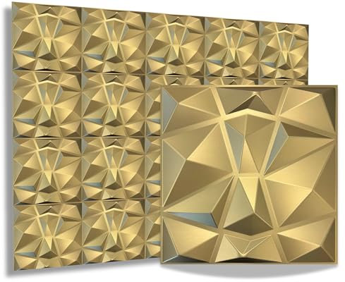 3D Paneele 50x50cm PVC Kunststoffpaneele Wandpaneele Gaming Zimmer Wand Decke 3D Optik - 8 Stück 2m² PVC 3D Platten D094 Diamant Champagnergold