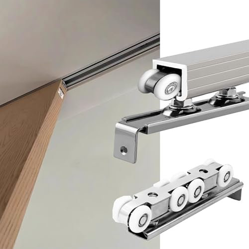 Rail porte coulissante Kit De Rail Pour Porte Coulissante Installée Au Plafond, Rail À Roulettes En Acier Inoxydable Pour Porte De Douche/placard/grange, Kit De Rail Pour Porte Simple(Silver,Length 12