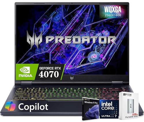 acer Predator Helios Neo 14 Gaming AI PC Laptop, GeForce RTX 4070 Graphics, 36.8 cm WQXGA (2560x1600, 100% sRGB, G-SYNC), Intel 16-core Ultra 7 155H, RGB Backlit, W/128GB PSD, Win11 PRO (16GB|1TB SSD)