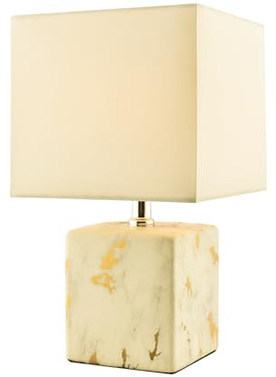 Happy Homewares Designer Square Ceramic Table Lamp with Marble Effect Finish and Gold Foil Fleck Decor | 35cm x 13cm | Inline Switch Button