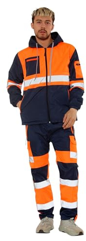 Vagile Hi Vis Rain Tracksuit - Mens High Visibility Waterproof Reflective Tape Band Safety Lightweight Rainsuit Hooded Top Trouser