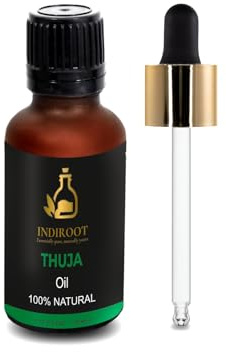INDIROOT Thuja Essential Oil, 100% Natural, Amber Glass Bottle with Dropper (1 Fl Oz/30ml, Thuja)