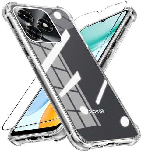 LYJERRY Airbag Funda con Cristal Templado Compatible con Honor X5c Plus, Funda para Honor X5c Plus Protectora Capa Antigolpes Fundas Carcasa Silicona Funda de Móvil Cristal antirotura Clear