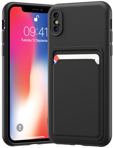 LVVFEI Kartenfach Hülle für iPhone X/iPhone XS 5,8 Zoll, Silikon hülle mit Kartenhalter Soft TPU Handyhülle für Männer und Frauen Geeignet (Schwarz)
