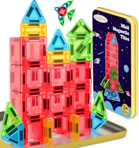 LeagoEra Mini Blocs Magnétiques Set de Voyage 32 Pièces Tuiles Magnétiques avec boîte Métallique Construction Magnetique Enfant Jouet Magnétique pour Enfants 3 4 5 6 7 8 Ans Jeux Cadeau