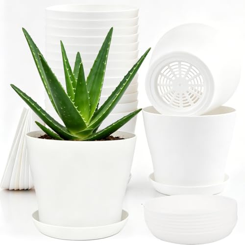 Cerkkapo Lot de 16 Pots de Fleurs en Plastique avec Soucoupe, Ø 10 cm,matière Plastique Blanc, avec Plusieurs Trous de Drainage,réutilisables,Parfaits pour Les Chambres, Les Bureaux,et Les Jardins