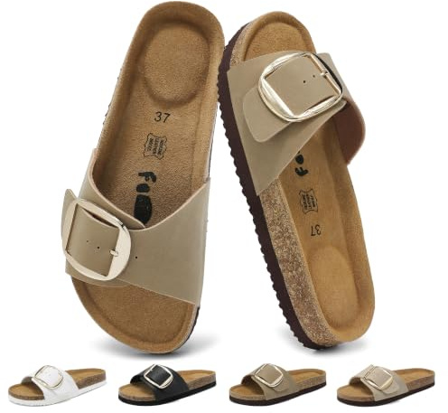 chetoria Sandales Mules Femme Cuir Véritable Semelle Liège Boucle Taupe 38