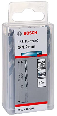Bosch Accessories 2608577210 HSS PointTeQ (4,2 x 43 x 75 mm) - Set da 10 Pezzi di Punte Elicoidali per Trapano per Metallo, Acciaio, Fusione o Plastica, Grigio (Argento), Ø 4.2 mm