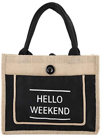 Borsa in juta, borsa vintage in metallo naturale con cerniera Borsa in iuta Borsa riutilizzabile Borsa per la spesa con manico(M, nero)