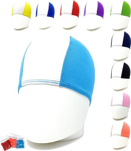 50 Cuffie Nuoto Professionali in Poliestere - SCONTI QUANTITÁ - Cuffia Piscina Poliestere Unisex, Cuffie Acquagym per Adulti e bambini. Quantità 1pz - 10pz - 25pz -50pz -100pz. (Bianco/Celeste)