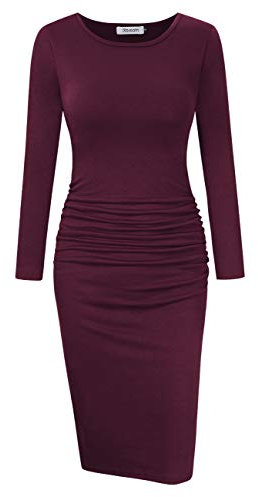 KOJOOIN Robe Fourreau Crayon - Longueur Genou - Col Rond - Manches Courtes/Longues - Soirée (Emballage Réutilisable), C-Bordeaux, XL