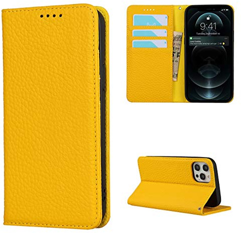 Copmob Phone Case iPhone 12/12 Pro,Flip Genuine Leather Wallet Case,[4 Slots][Magnetic closure][With Lanyard],Protective Cover Case for iPhone 12/12 Pro - Yellow