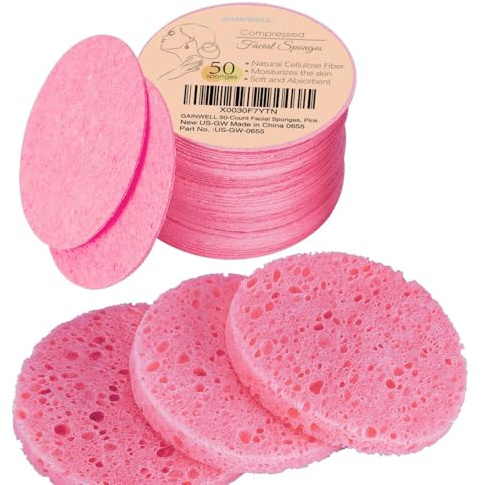 GAINWELL 50-Count Compressed Facial Sponge for Daily Facial Cleansing and Exfoliating, 100% Natural Cosmetic Spa Sponges for Makeup Remover, Reusable, Pink