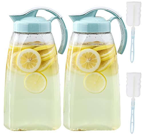 Frcctre 2 Stück Kunststoff-Wasserkrug mit Deckel, 2097 ml, transparent, luftdicht, Getränkekanne, Saftbehälter, Wasserkaraffe, Kühlschrankkrug für Saft, Limonade, hitzebeständig und bruchsicher