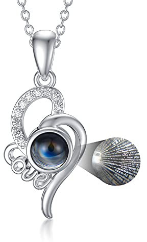 Shusukue Ich Liebe Dich 100 Sprache Projecktion Halskette Sterling Silber Love Ich liebe Dich Damen Kette Liebesgeschenk für Frauen