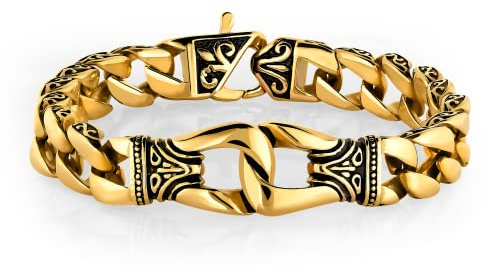 Urban Jewelry Bracelet de maillons en forme de fleur de lis plaqué or 24K pour homme – Chaîne lourde, 21,6–22,9 cm, résistant aux rayures, fermoir à mousqueton sécurisé, boîte cadeau, 9 Inch, Pas de