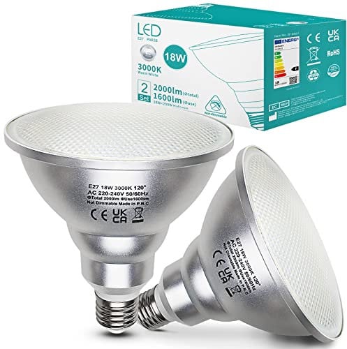 Unikcst 2er 18W LED Lampen E27 Par38 Warmweiß 3000K Reflektor Leuchtmittel Flood Strahler, Ersetzt Halogenlampe 180W, 120 Grad Abstrahlwinkel,Nicht Dimmbar